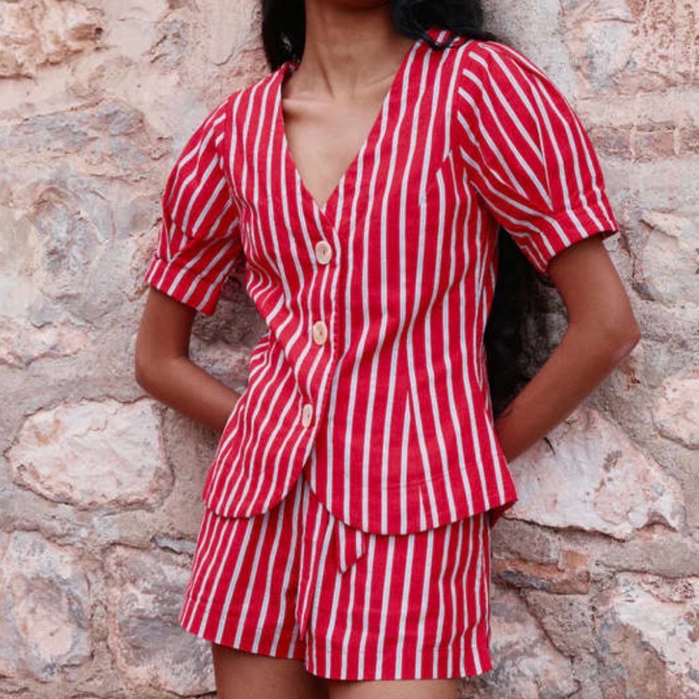 Damson Madder Red Striped Button Front Top - Picture 2 of 6